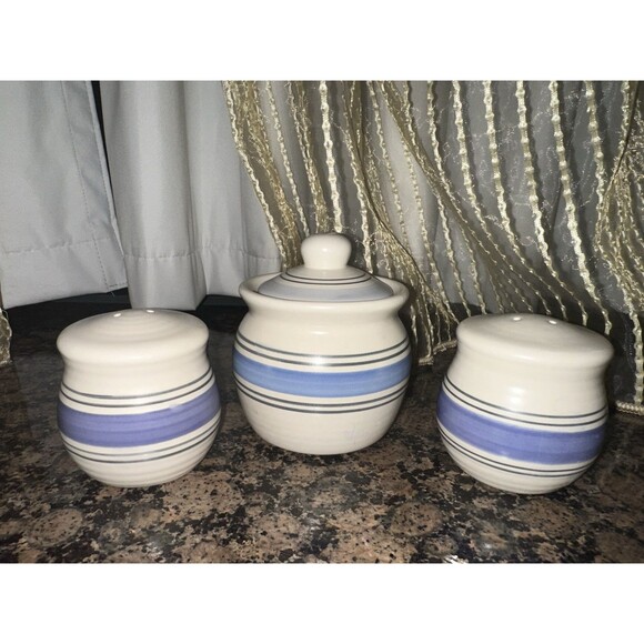 Pfaltzgraff RIO Blue and White Striped Sugar Bowl Salt & Pepper Set Handpainted - Picture 1 of 8